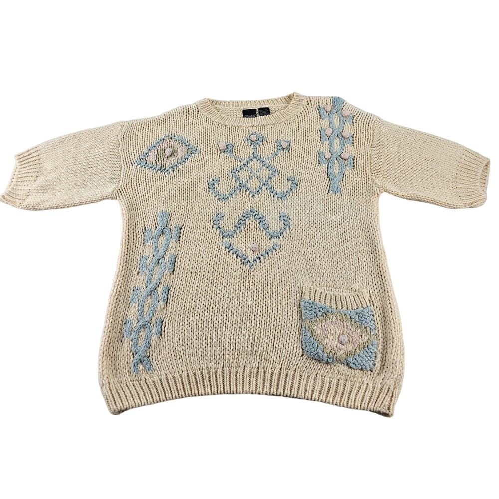 Catalina Vintage Sweater Ladies XL 80s Short Sleeve Crew Neck Abstract Cream
